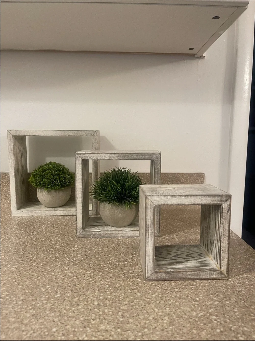 Neutral Wood Cube Set with Green Faux Topiaries